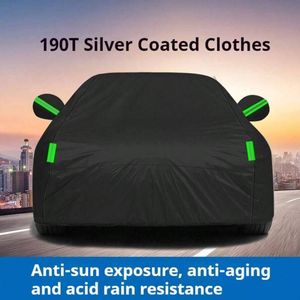 Housse de voiture noire en polyester 190T avec revêtement argenté et bandes réfléchissantes