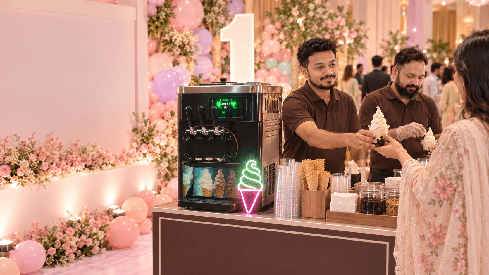 Coordinated Ice Lovers soft-serve station in a pastel birthday setting