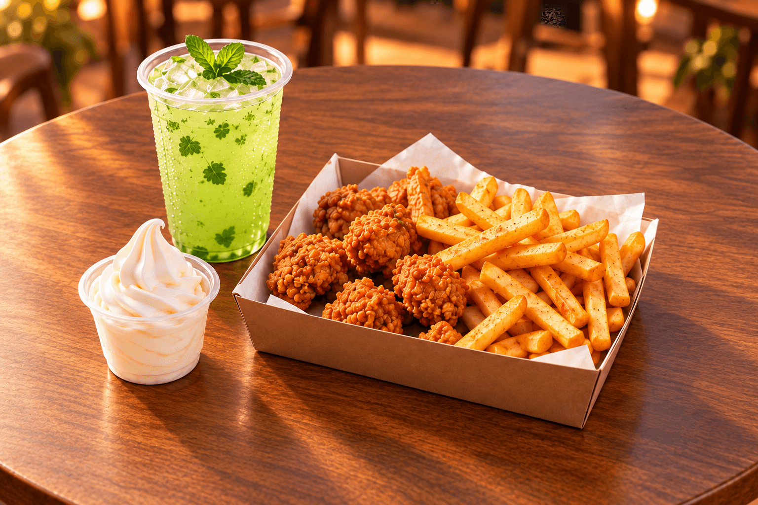 One chicken meatbox, one mint lemonade and one small vanilla ice cream