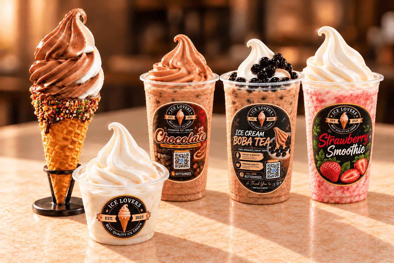 Ice Lovers cone, small ice cream cup, chocolate smoothie, boba smoothie and strawberry smoothie together