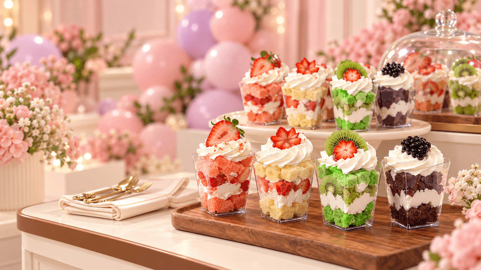 Ice Cream Cake Cups in individual clear cups on a coordinated dessert table