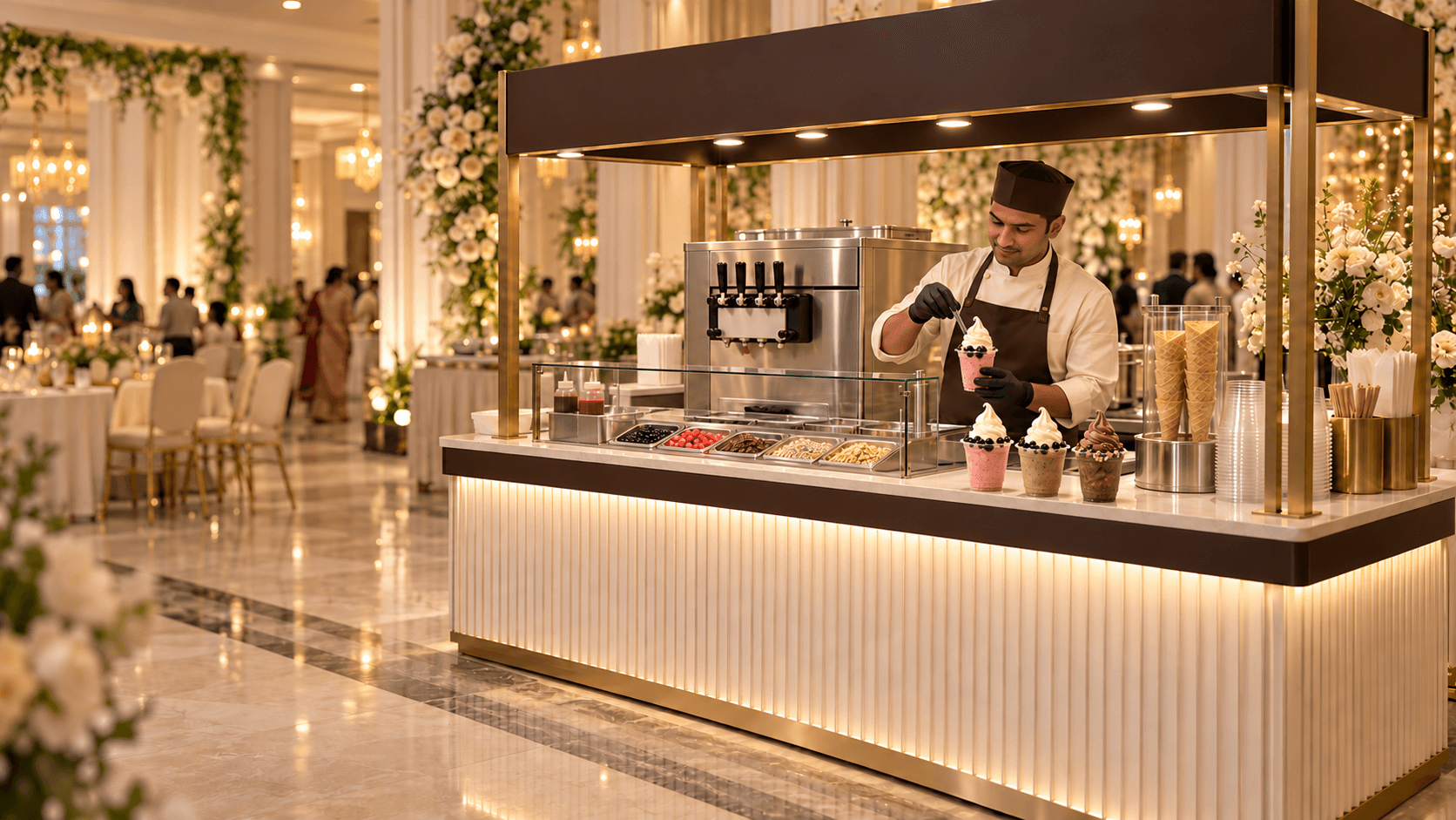 Ice Lovers Corner concept with a cream counter, gold details and a soft-serve machine