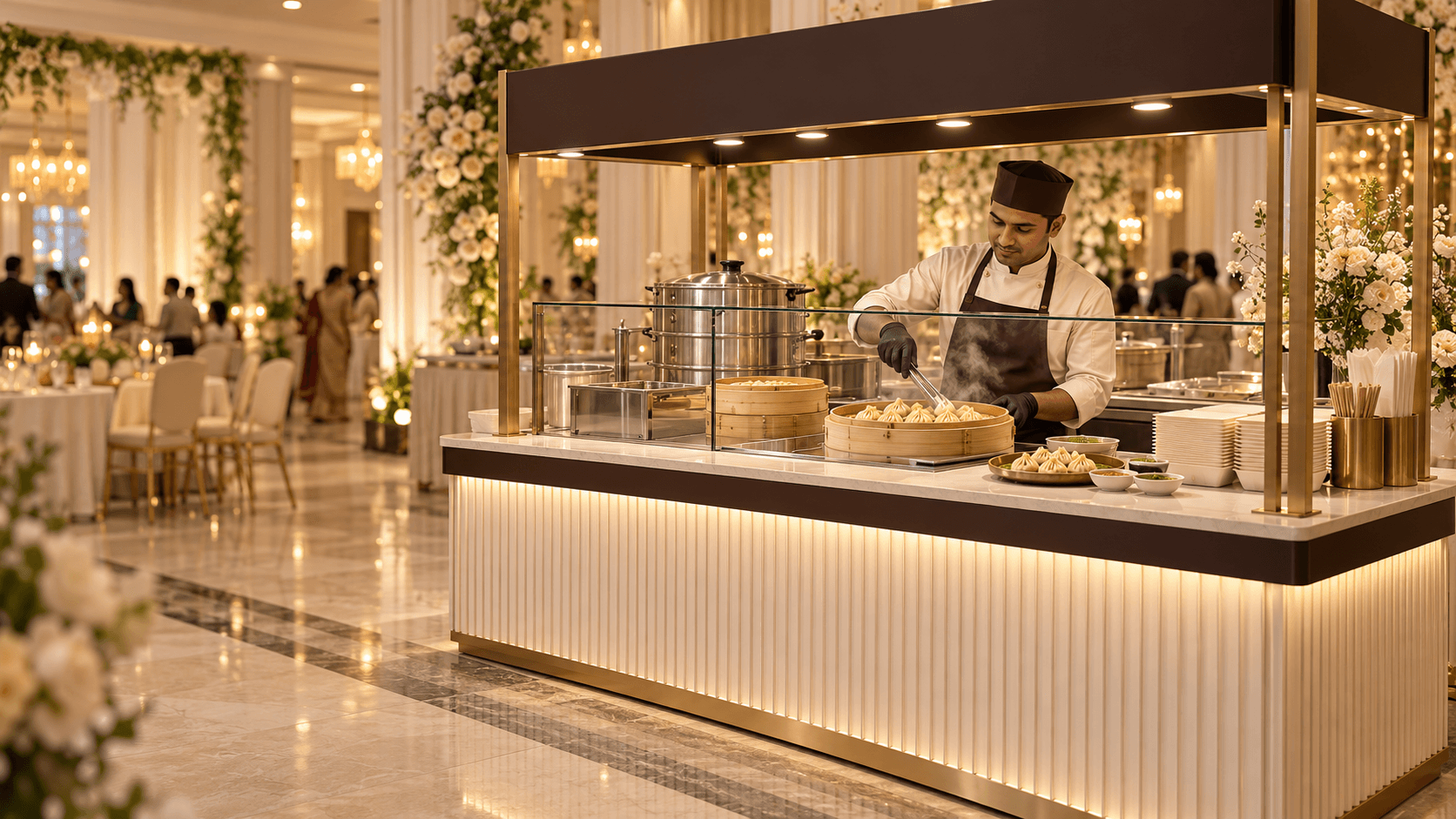Coordinated cream and gold momo station concept with serving baskets