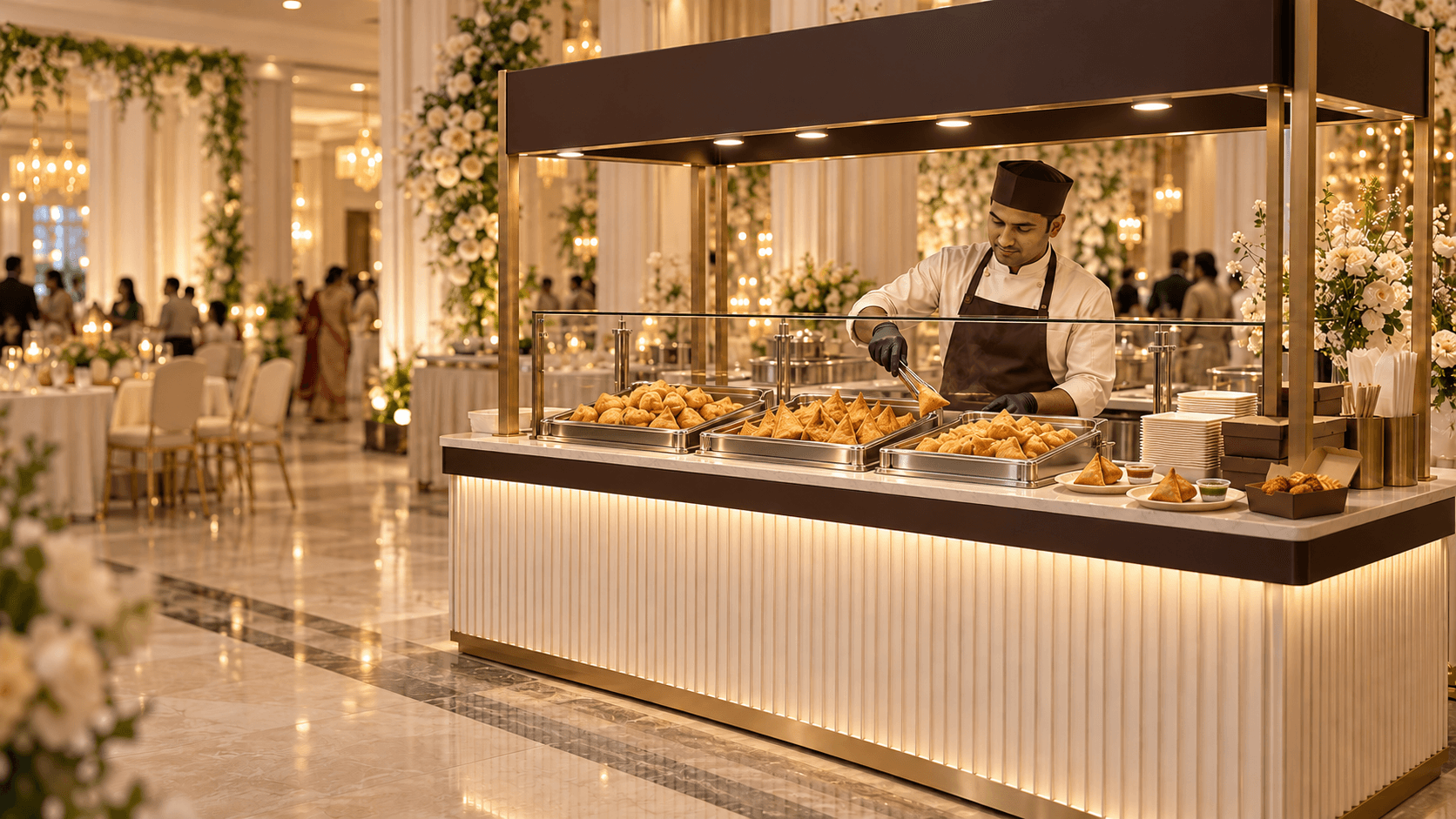 Cream and gold savoury station concept displaying shingara and samosa